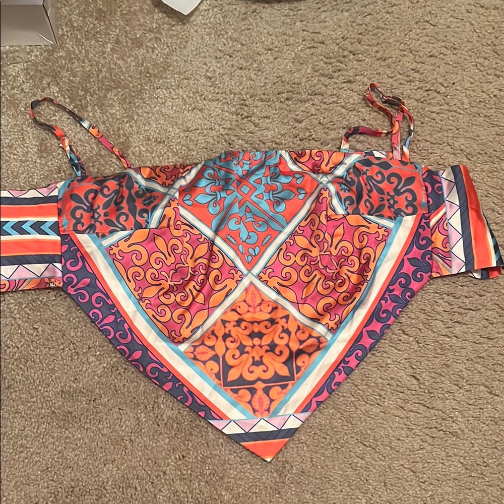 Papaya Orange and Blue Asymmetrical Tie Front Crop Top
